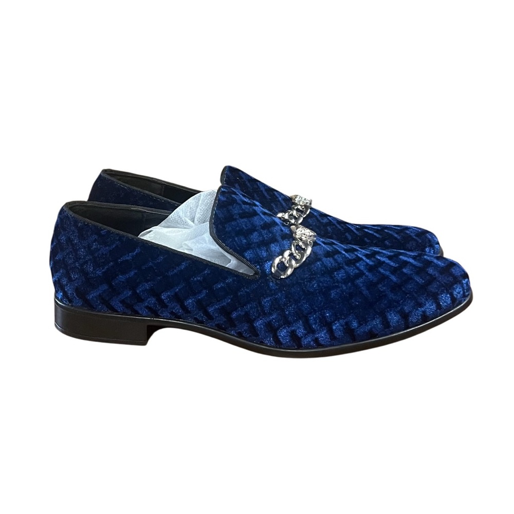 Men's Blue Velvet Loafers with Silver Chain